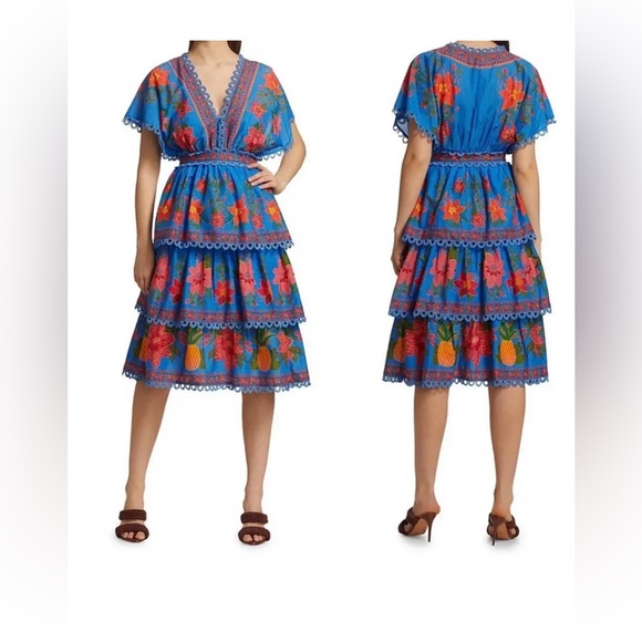 FARM Rio Dresses & Skirts - FARM Rio Blue Tropical Tapestry Layered V-Neck Dress NWT